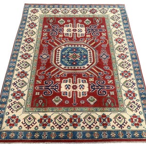 Red Afghan Kazak Rug: Hand-Knotted Wool Carpet, 4&#39;10x6&#39;3