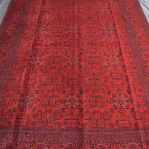 Red Hand Knotted Rug of Bukhara 6x8 ft, Handmade Vintage Afghan Rug, Turkmen Tribal Khal Mohammadi Rug 174x243 cm, for Living Room, Bedroom,