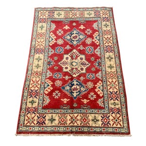 Hand Knotted Afghan Kazak Wool Rug: Red Geometric Tribal Carpet, 3x5 Ft