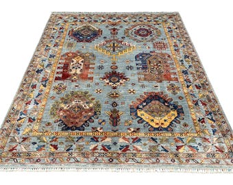 Hand-Knotted Afghan Wool Rug 8x10: Vintage Oriental Gray Blue