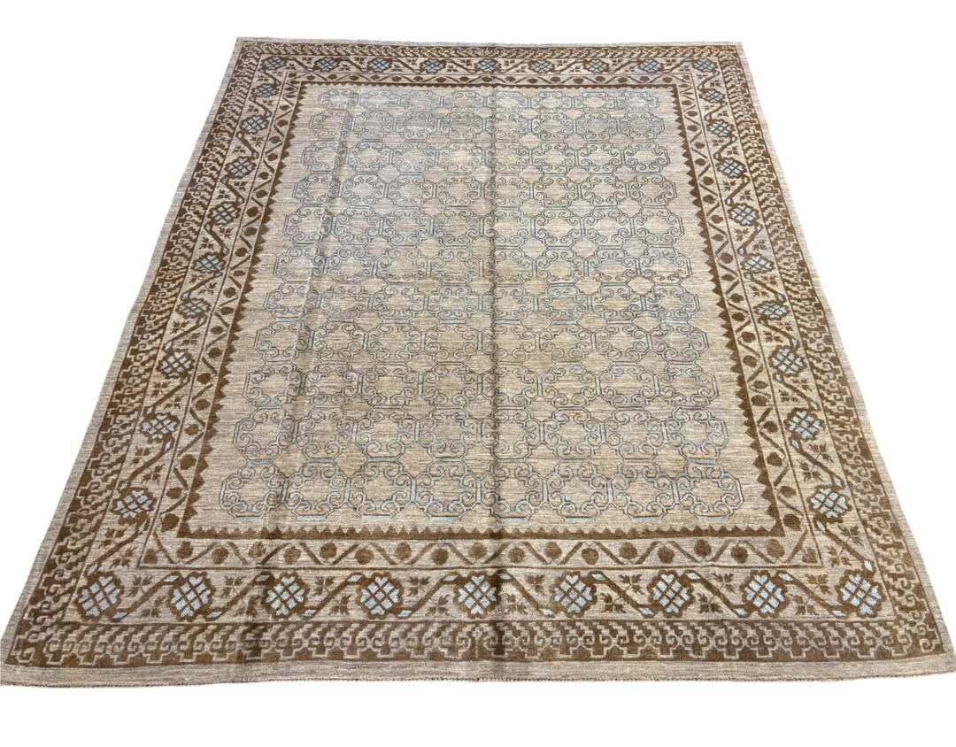 Shokan Area Rug Luxurious Handmade Khotan Wool Rug - Geometric Pastel Design - Turkish ...