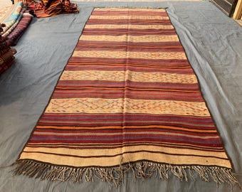 Vintage Turkish Kilim Runner Rug: Handwoven Wool Striped Hallway Carpet