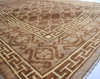 6&#39;4x9&#39;4 Ft Vintage Brown Turkmen Khotan Wool Area Rug, Oriental Afghan Floor Art, Handwoven Tribal Piece, Rustic Boho Rug, Unique Wool Decor