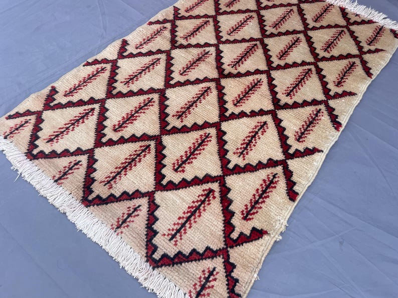 3x4 Ft. Cream Moroccan Rug, Vintage Hand Knotted Wool Area Rug, Red ...