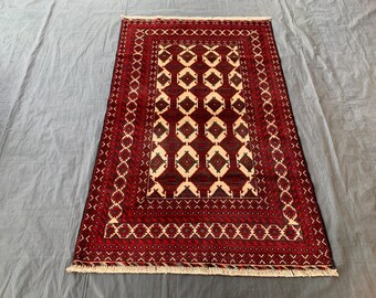 Vintage Afghan Wool Rug 4x6: Hand-Knotted Beige & Red Area Rug