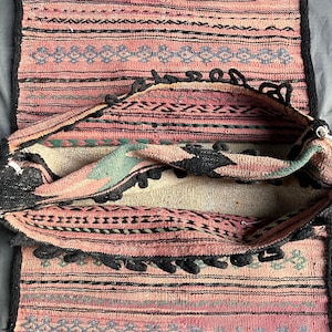 Vintage Turkish Kilim Saddle Bag Rug: 1950s Boho Pink Wool Decor