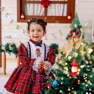 Vestido navideño a cuadros rojos para niñas, traje navideño de jengibre personalizado para niños, traje navideño a juego para hermanos y cumpleaños de niños