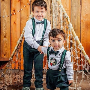 Jungen Mickey Weihnachten grün karierter Strampler Personalisierte Jungen Mickey 1. Geburtstag Weihnachtsanzug Brüder Mickey passendes Weihnachtsoutfit