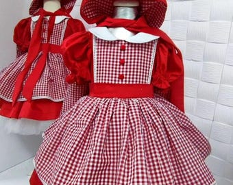 Handgefertigtes rotes Vichy-Kids-Kids-Kleid mit Umhang Märchenkostüm Rot kariertes Kleid Mädchen 1