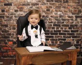 Traje personalizado para el primer cumpleaños de Boss Baby: Conjunto de traje de esmoquin y mameluco para Boss Baby, traje de cumpleaños de Disney Boss Baby, chaleco de traje para el primer cumpleaños de niño.