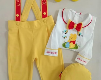 Personalized Winnie the Pooh 1st Birthday Outfit First Birthday Boy Winnie the Pooh Romper Winnie Pooh Bees Birthday Suit Pooh Honey Bee