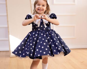 Gepersonaliseerde polkadotjurk voor babymeisje: jurk eerste verjaardag, bijpassende haarband polkadot paasjurk 1e paasjurk blauwe polkadotjurk
