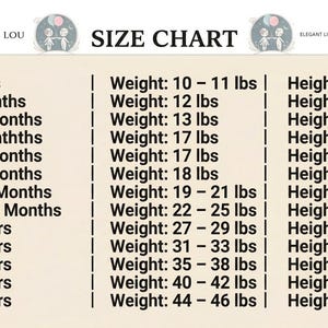 May include: Size chart for children's clothing, listing sizes from 0-3 months to 6 years. Includes weight in pounds and height in inches for each size. The chart is displayed on a cream-colored background.