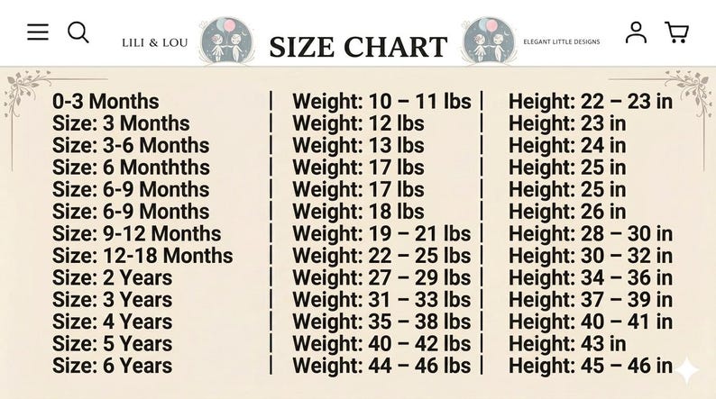 May include: Size chart for children's clothing, listing sizes from 0-3 months to 6 years. Includes weight in pounds and height in inches for each size. The chart is displayed on a cream-colored background.