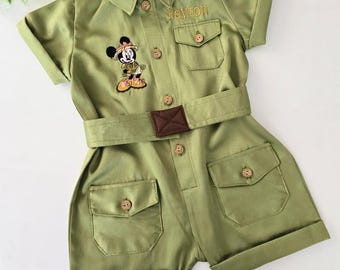 Personalized First Birthday Minnie Mouse Safari Romper: Jungle Animals Mickey Birthday Outfit Mickey Mouse Safari Suit Minnie Mouse Birthday