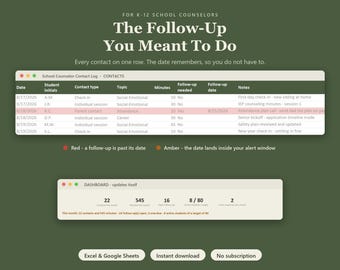 School Counselor Contact Log & Caseload Tracker | Student Check-In Log, Follow-Up Alerts Spreadsheet, K-12 (Excel Google Sheets)
