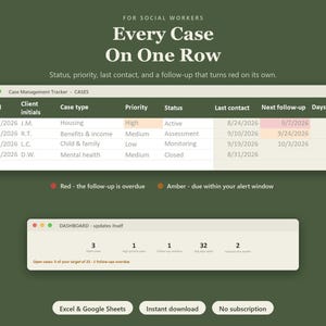 Case Management Tracker | Social Work Caseload Spreadsheet, Client Contact Log, Follow Up Reminder Template (Excel Google Sheets)
