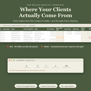 May include: A digital client inquiry, intake, and referral tracker spreadsheet for therapists. The interface displays columns for dates, client initials, sources, services, and status. A dashboard section shows metrics, with color-coded alerts for follow-ups.