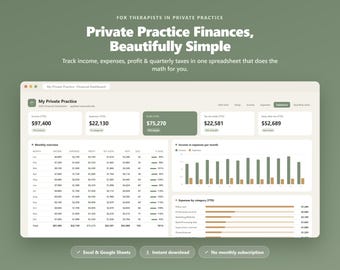 Bookkeeping Spreadsheet for Therapists | Income and Expense Tracker, Quarterly Taxes, Profit Loss (Excel, Google Sheets)