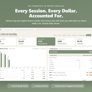 May include: A digital dashboard interface titled My Private Practice - Therapist Session Log & Unpaid Tracker. It displays financial metrics, a monthly session bar chart, and an unpaid session tracker with sample data for Cedar Lane Counseling.