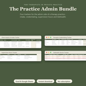 May include: The Practice Admin Bundle for therapists in private practice includes four digital trackers for intake, credentialing, supervision hours, and telehealth. The interface features light beige windows with red, yellow, and green buttons.