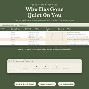 Clinical Supervision Log for Supervisors | Supervisee Hours Tracker, Session Log, Therapist LCSW LMFT Template (Excel Google Sheets)