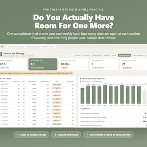 Therapist Caseload Capacity & Waitlist Tracker | Private Practice Weekly Load, Open Slots by Frequency, Wait Times | Excel Google Sheets