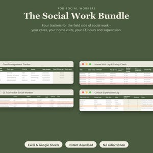 Op de afbeelding: Een digitaal pakket voor maatschappelijk werkers met vier trackers: Case Management Tracker, Home Visit Log & Safety Check, CE Tracker for Social Workers en Clinical Supervision Log, weergegeven als tabellen met tekstkoppen.