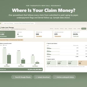 Può includere: Un foglio di calcolo digitale per il monitoraggio dei rimborsi e delle richieste di indennizzo assicurativo per terapeuti. L'interfaccia mostra una dashboard con metriche finanziarie, grafici a barre e tabelle per il controllo dei saldi e dei tempi.