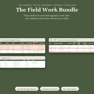 May include: A digital organizational tool titled The Field Work Bundle for nurses, social workers, and mobile clinicians. It includes three trackers: Nurse Case Manager Tracker, Home Visit Log & Safety Check, and Mileage Log, compatible with Excel and Google Sheets.