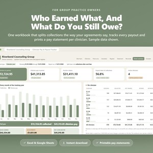 Therapist Income Goal & Session Target Planner | Payer Mix Blend, Owner Pay Split, 12-Month Caseload Ramp | Excel Google Sheets