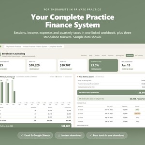 Op de afbeelding: Een digitaal financieel dashboard voor therapeuten genaamd Your Complete Practice Finance System. De interface toont statistieken zoals sessies, inkomsten, uitgaven en kwartaalbelastingen met staafdiagrammen en tabellen op een lichte achtergrond.