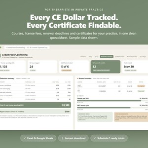 CE Tracker for Therapists | Continuing Education Expense Log & License Renewal Tracker | CEU Log + Certificate Index | Excel Google Sheets