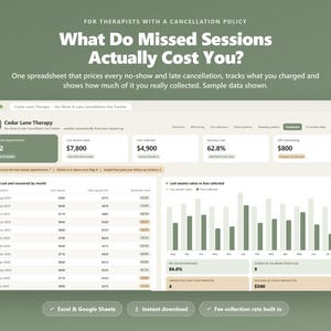 Therapist No-Show Late Cancellation Fee Tracker | Private Practice Revenue Spreadsheet (Excel Google Sheets)