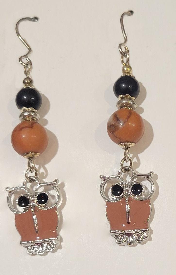 Cloisonn&eacute;' Owl Gemstone Dangle Earrings