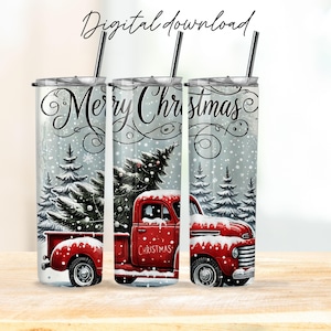 Vintage red truck carrying a Christmas tree in a snowy forest, tumbler wrap PNG  20 oz Skinny Tumbler Sublimation