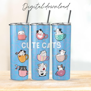 Süße Katzen Tumbler Wrap | Niedliche Katzen Sublimationsverpackungen | Niedliche Katzen 20 Unzen Skinny Becher Design | Niedliche Katzen Tumbler PNG Sublimationsdesign PNG