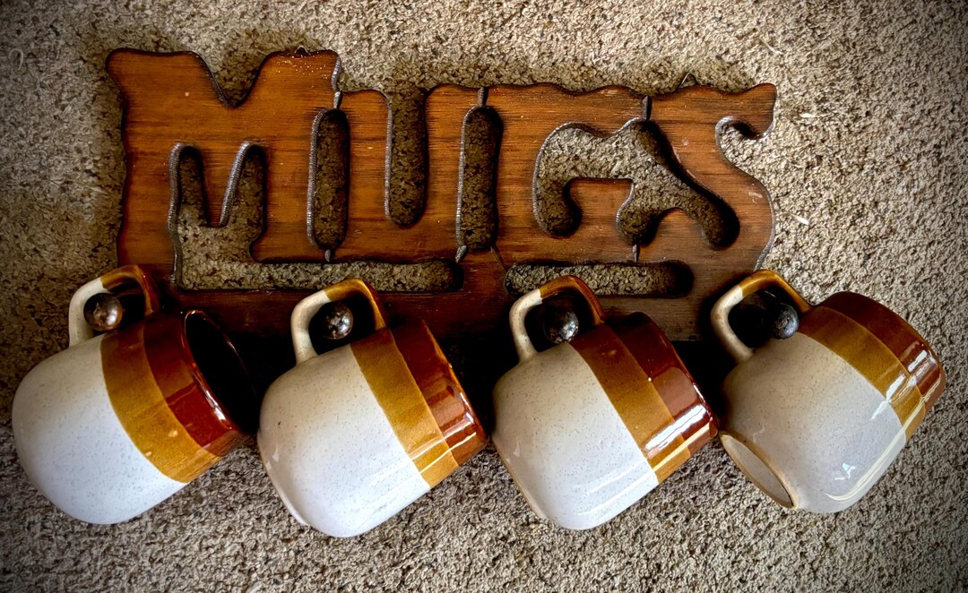 Vintage 1970’s Wooden Mug Rack With It’s Original 4stoneware Mugs - Etsy