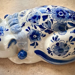 vintage Blue & White Chinoiserie Porcelain “Sleeping Cat” Figurine- approx. 9 inches long