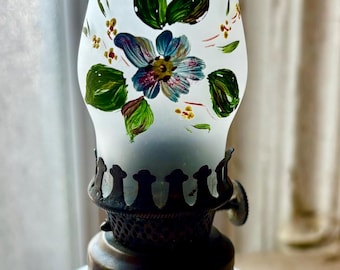 vintage miniature milk glass oil lamp with a hand-painted floral design on the hurricane shade.