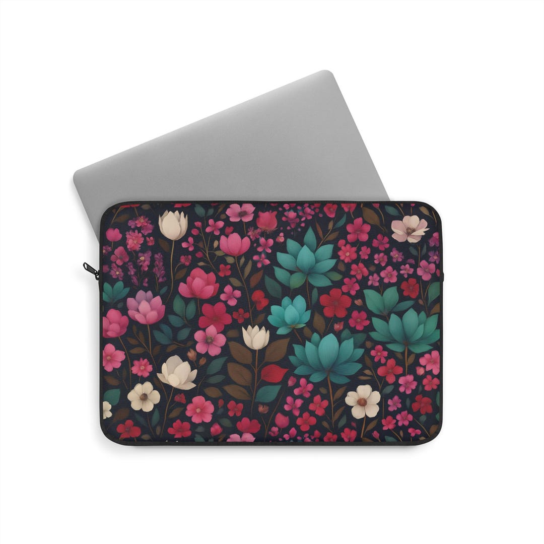 Vibrant Floral Laptop Sleeve, Dark Navy Boho Case, Flower Pattern ...
