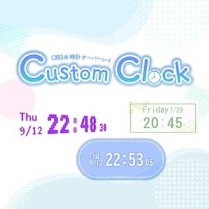 May include: A blue and white digital clock with the text "Custom Clock" and the date and time displayed. The clock shows the time as 22:48 and the date as 9/12. The clock also shows the time as 20:45 and the date as Friday 7/29.