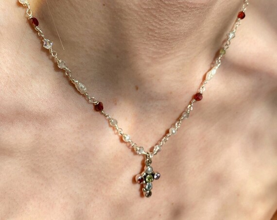 Semi precious stone Cross Necklace - sterling silver cross - pearl, amethyst, peridot, garnet, topaz cross - stone cross - tiny cross