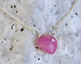 Ruby Necklace - Pink Necklace - Heart Shape Pendant - Semi Precious Stone Necklace - Dainty Necklace - Layering Necklace - Simple Necklace