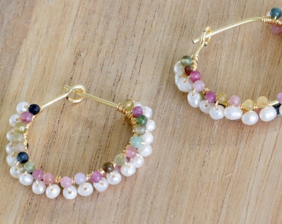 Freshwater pearl and tourmaline hoop earrings - pearl and tourmaline earring - hoop earring - dainty earring - pearl earring