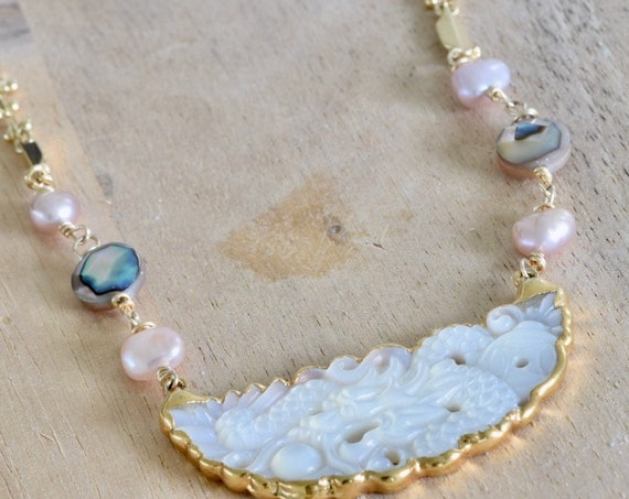Carved Mother of Pearl Neckalce - Pink Pearl and Abalone gold filled necklace - statement necklace - cream and pink necklace - One of a kind