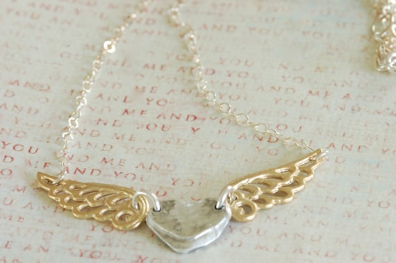 angel necklace - guardian angel - angel wing jewelry - Silver heart and Silver Angel Wings Necklace - fingerprint jewelry - army wife