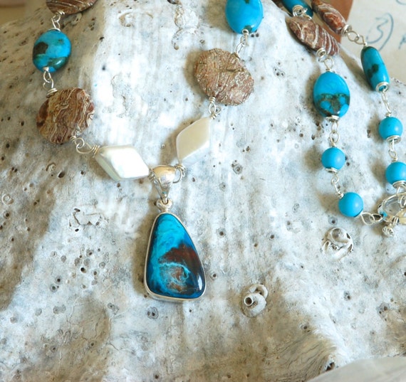 Opal Necklace - blue opal necklace - bright blue opal - Ocean Wave Peruvian Opal Necklace - pearl necklace = branded brown jasper