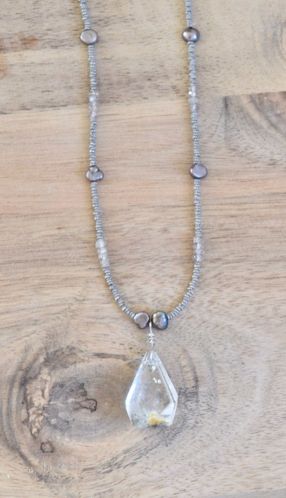 Moss Quartz necklace - New Beginning necklace - crystal necklace - earth tone necklace - clear stone necklace - semi precious necklace