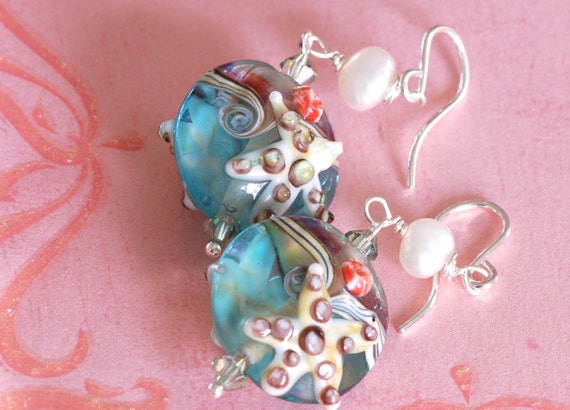 Starfish earring - Glass Earring - blue earring - green earring - pearl earring - handmade earring - Glass starfish earring